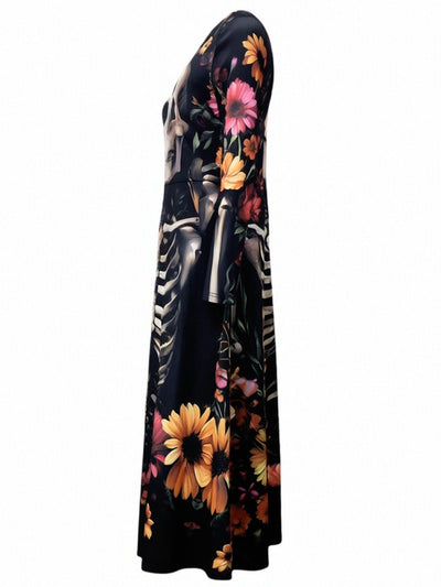 Black long-sleeve midi dress with colorful floral and skeleton print