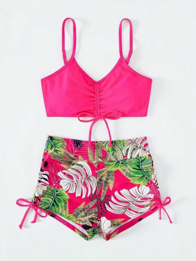2026 New Hot Pink Front Drawstring Bikini Top & Tropical Leaf Print Side Tie High Waist Shorts Two Piece Swimsuit