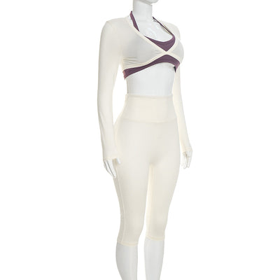 Three-Piece Capri Activewear Set - V-Neck Top and Halter Bra