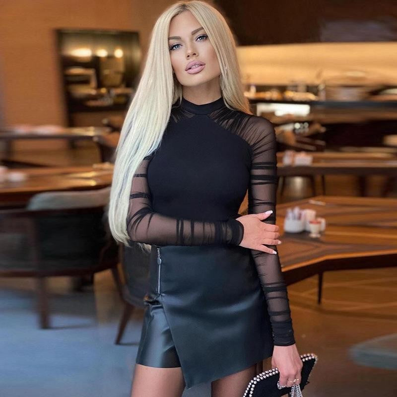Black mock neck bodysuit with sheer mesh sleeves, fitted long-sleeve stretch