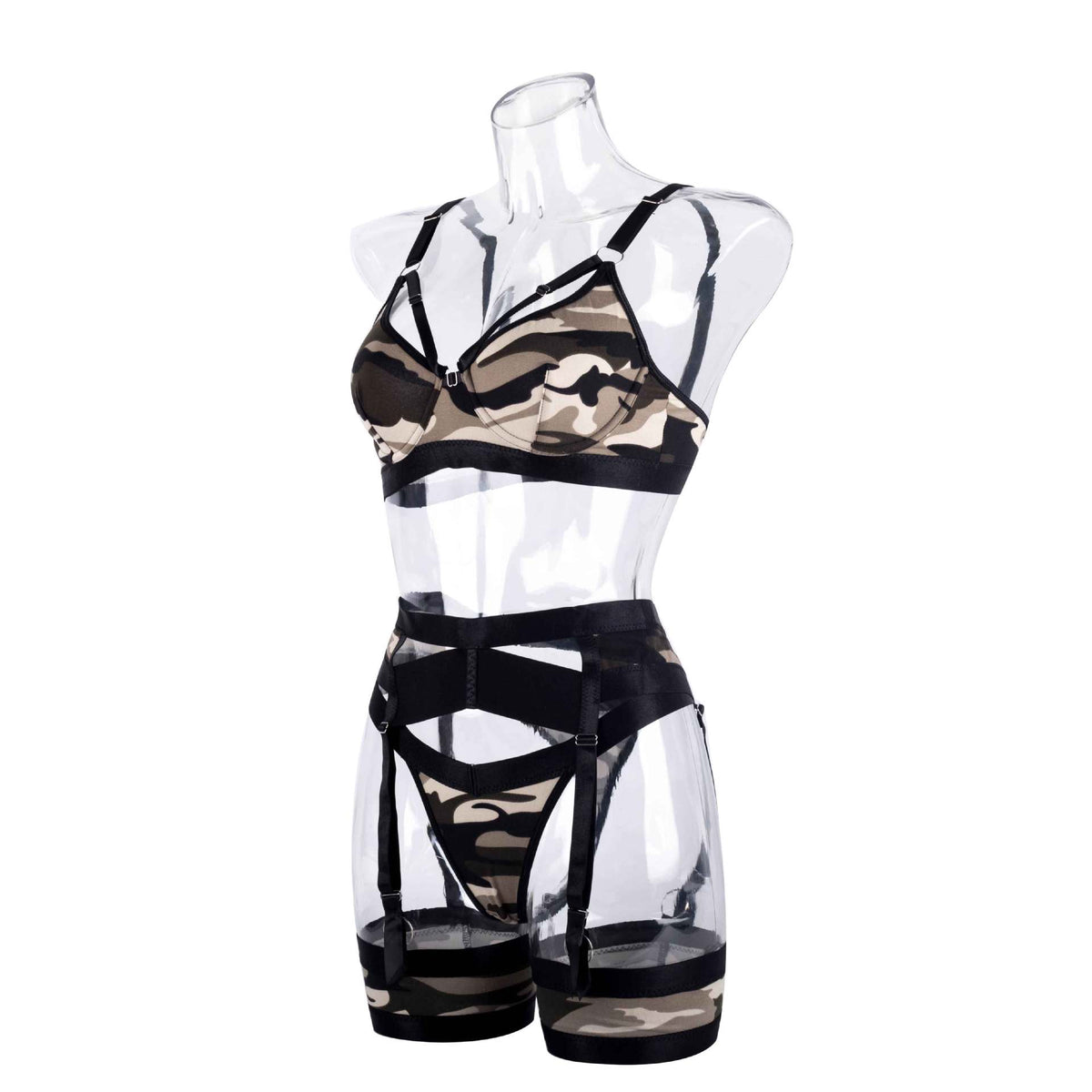 Printed Garter Lingerie Set - Strappy Bra And Thigh Bands