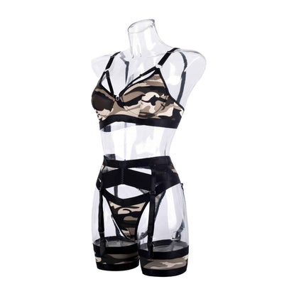 Printed Garter Lingerie Set - Strappy Bra And Thigh Bands