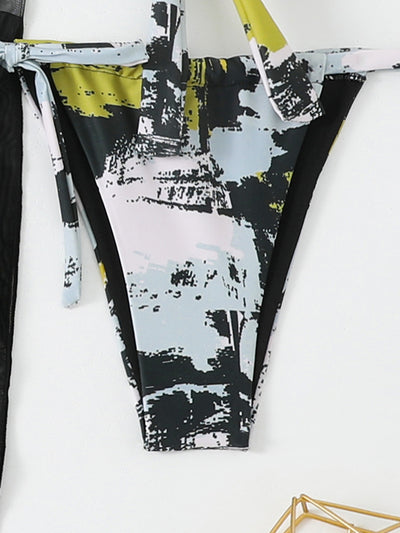 Black Mesh Cover-Up Bikini Set - 3 Piece Abstract Print