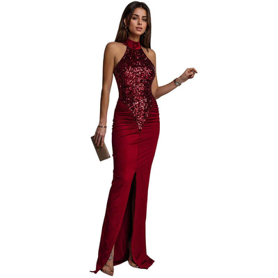 Sequin Velvet Split Maxi Dress - Bodycon Prom Gown