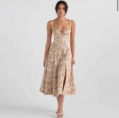 Corset Lace-Up Back Midi Dress - Wide Strap Side Slit