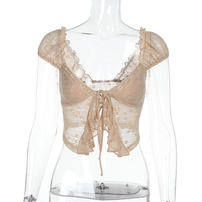 Khaki lace crop top on mannequin with front bow tie and ruffle-trim neckline