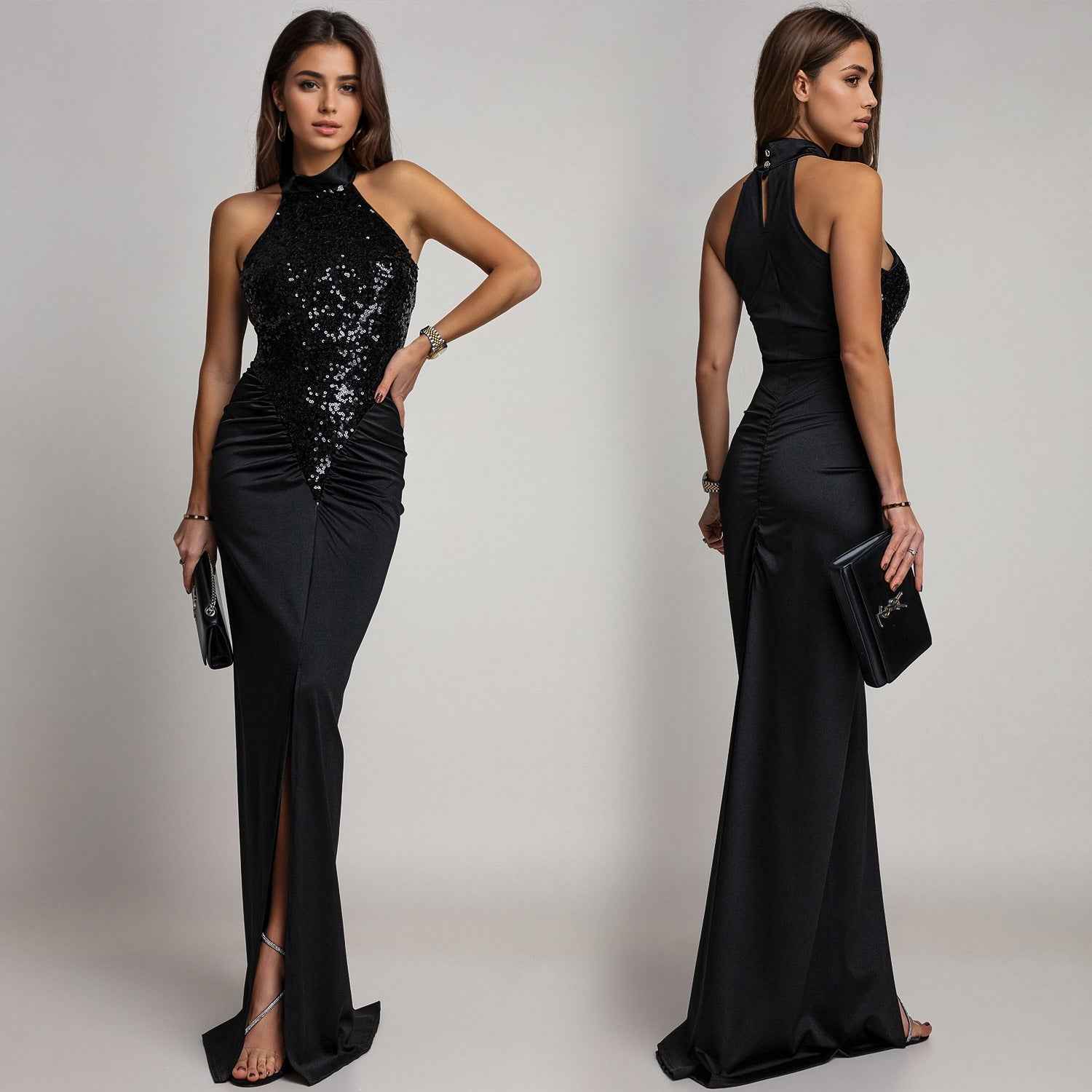 Sequin Velvet Split Maxi Dress - Bodycon Prom Gown