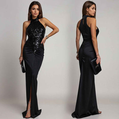Sequin Velvet Split Maxi Dress - Bodycon Prom Gown