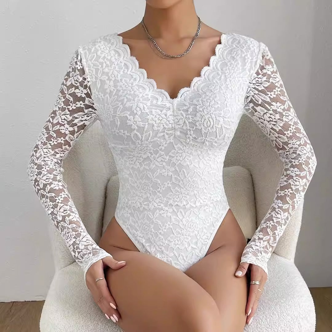 White lace bodysuit with scalloped V-neck and long sheer lace sleeves
