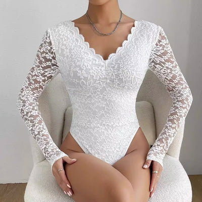 White lace bodysuit with scalloped V-neck and long sheer lace sleeves