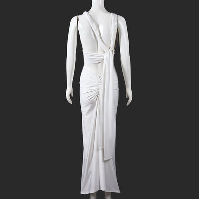 Halter Crop Top and Maxi Skirt Set - White Backless Outfit