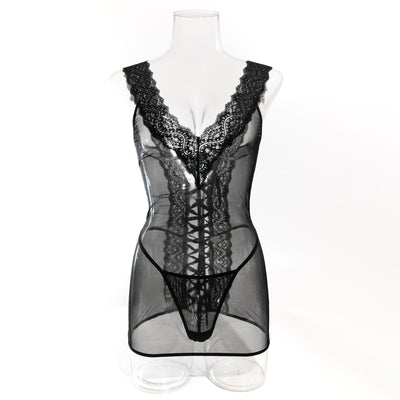 Black lace trim mesh chemise with scalloped V neckline and lace-up front panel