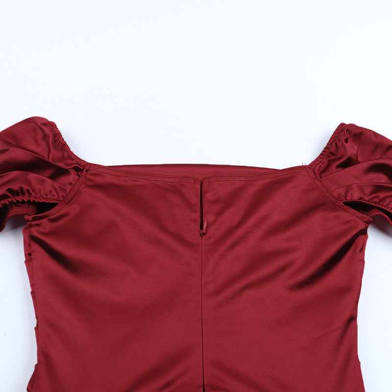 Satin Maxi Dress - Deep Red Off Shoulder High Slit