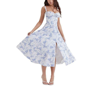 Corset Lace-Up Back Midi Dress - Wide Strap Side Slit