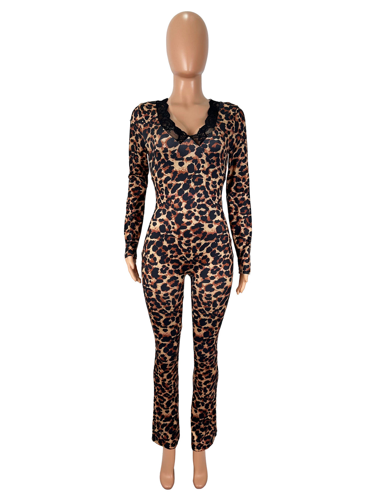 Leopard Lace Trim V-Neck Jumpsuit - Long Sleeve Flare Leg