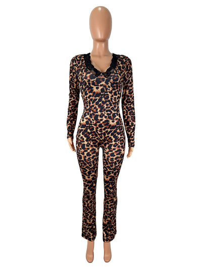Leopard Lace Trim V-Neck Jumpsuit - Long Sleeve Flare Leg