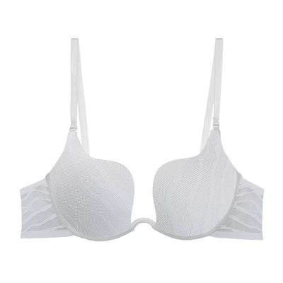 White wavy mesh plunge bra, with underwire cups and thin adjustable straps