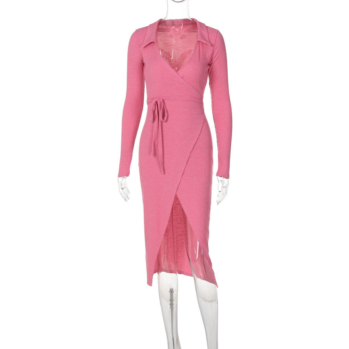 Bodycon Dress - Long Sleeve Tie Waist Split - Fashions Envy