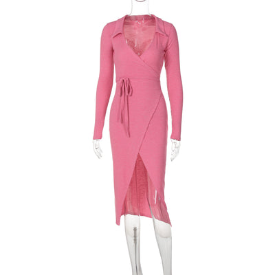 Bodycon Dress - Long Sleeve Tie Waist Split - Fashions Envy