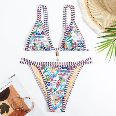 Colorful Floral Bikini Set - Triangle Top Chain Charm