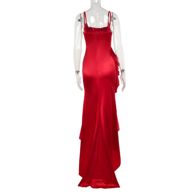 Satin Ruffle Hem Maxi Dress - Spaghetti Strap Asymmetric Slit Gown