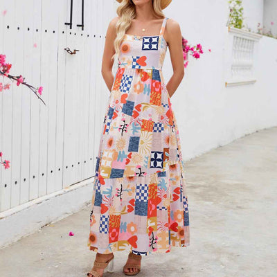 Floral Print Bohemian Maxi Dress - Square Neck Beach Vacation