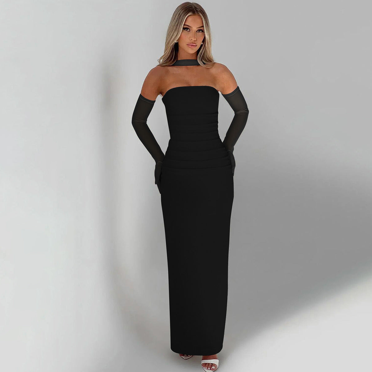 Scarf Tie Strapless Maxi Dress - Column Gown with Mesh Gloves