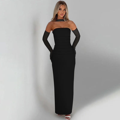 Scarf Tie Strapless Maxi Dress - Column Gown with Mesh Gloves
