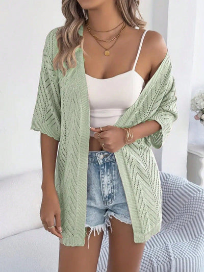Women's Lightweight Open Front Knit Cardigan - Chevron Pointelle