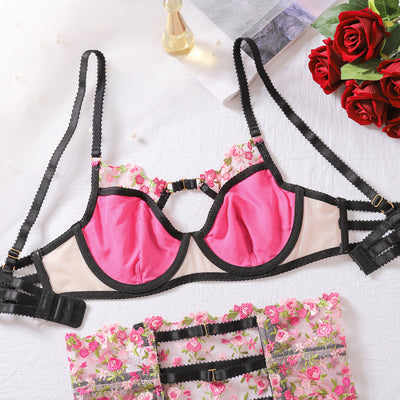 Floral Embroidered Lingerie Set - Garter Belt & Thong Included