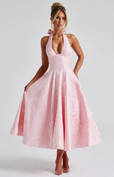 Jacquard Halter Midi Dress - Deep V Corset Waist A-Line Skirt