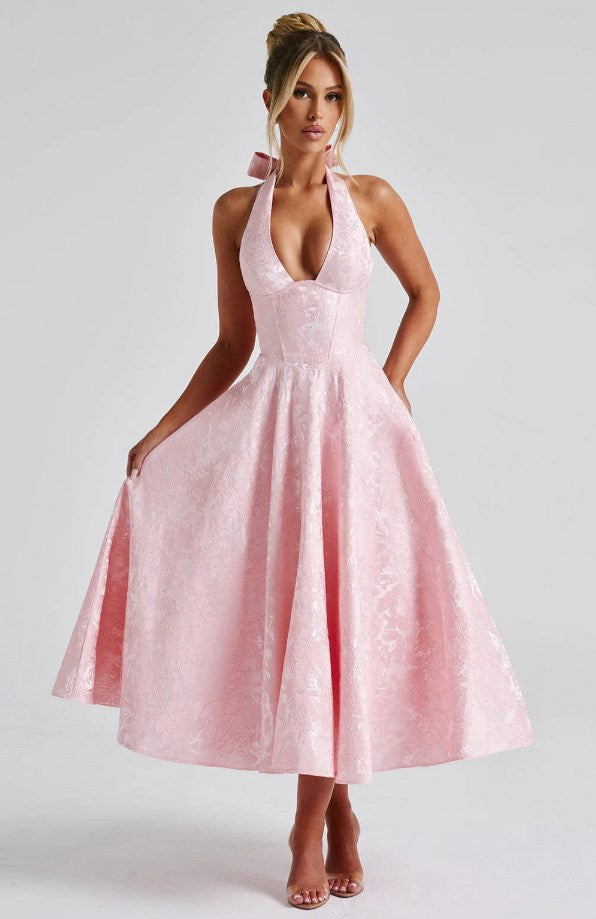 Jacquard Halter Midi Dress - Deep V Corset Waist A-Line Skirt