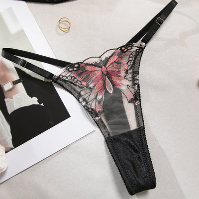 Black Butterfly Embroidery Mesh Bra and Thong Set