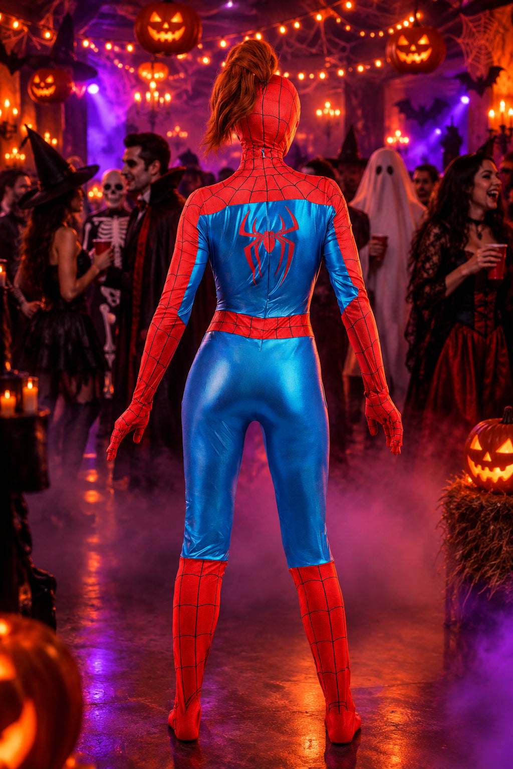 A woman wearing a shiny red and blue Spider-Man style costume stands with her back to the camera in a Halloween-themed party setting with people, jack-o'-lanterns, and purple ambient lighting.