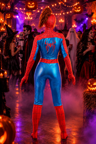 A woman wearing a shiny red and blue Spider-Man style costume stands with her back to the camera in a Halloween-themed party setting with people, jack-o'-lanterns, and purple ambient lighting.