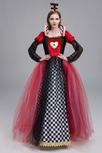 Queen of Hearts costume dress front view, red heart bodice, black checker skirt, crown headpiece