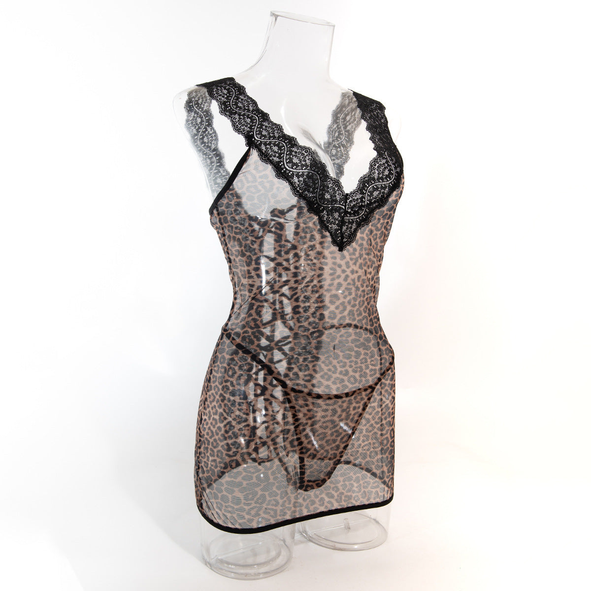 Leopard print mesh chemise with black lace V neckline and lace trim