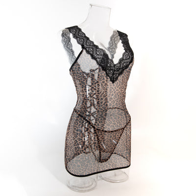Leopard print mesh chemise with black lace V neckline and lace trim