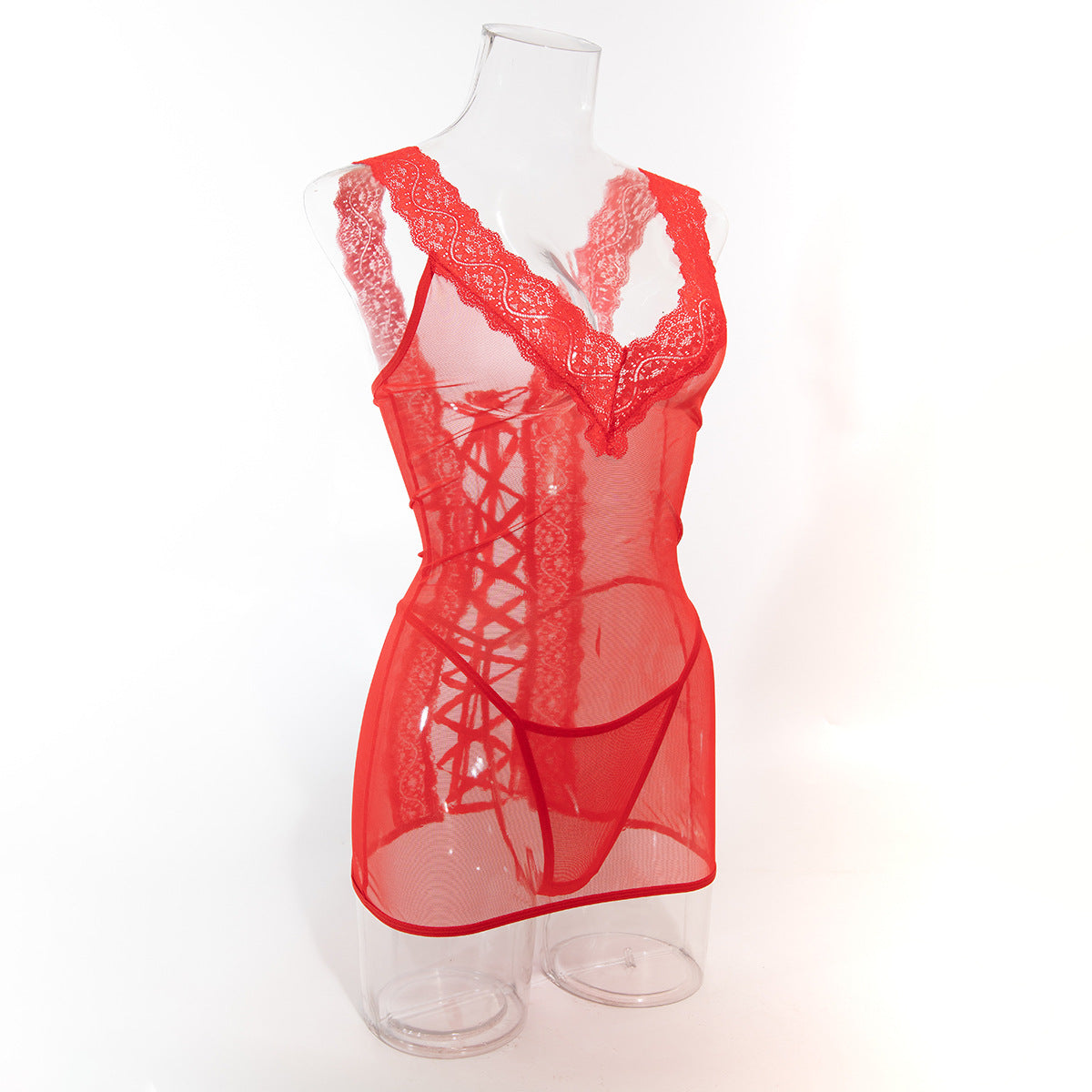 Red lace-trim mesh chemise with scalloped V neckline and crisscross lace-up
