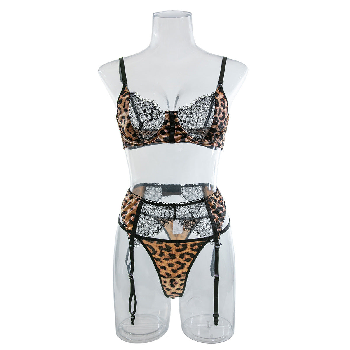 Leopard-print lace bra and garter thong set on mannequin with black lace panels and straps