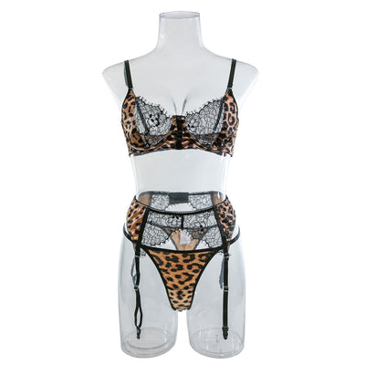 Leopard-print lace bra and garter thong set on mannequin with black lace panels and straps