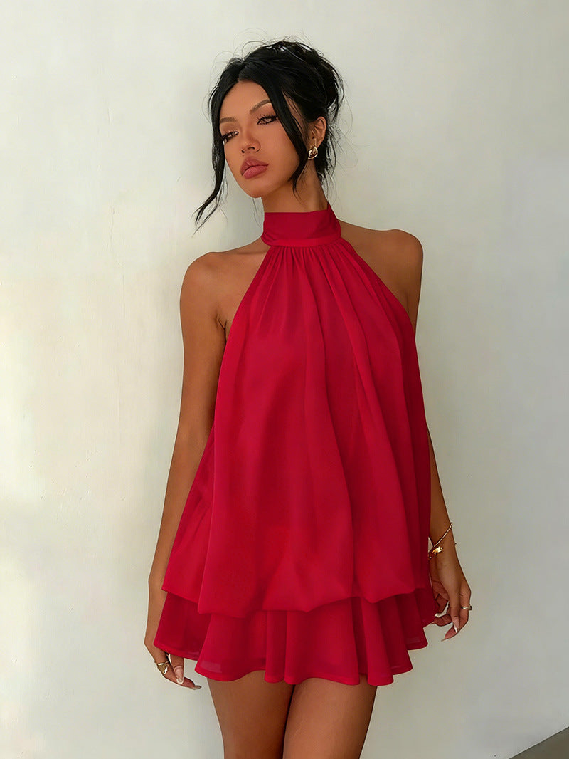 Backless Halter Neck Tiered Mini Dress - Chiffon Vacation Dress