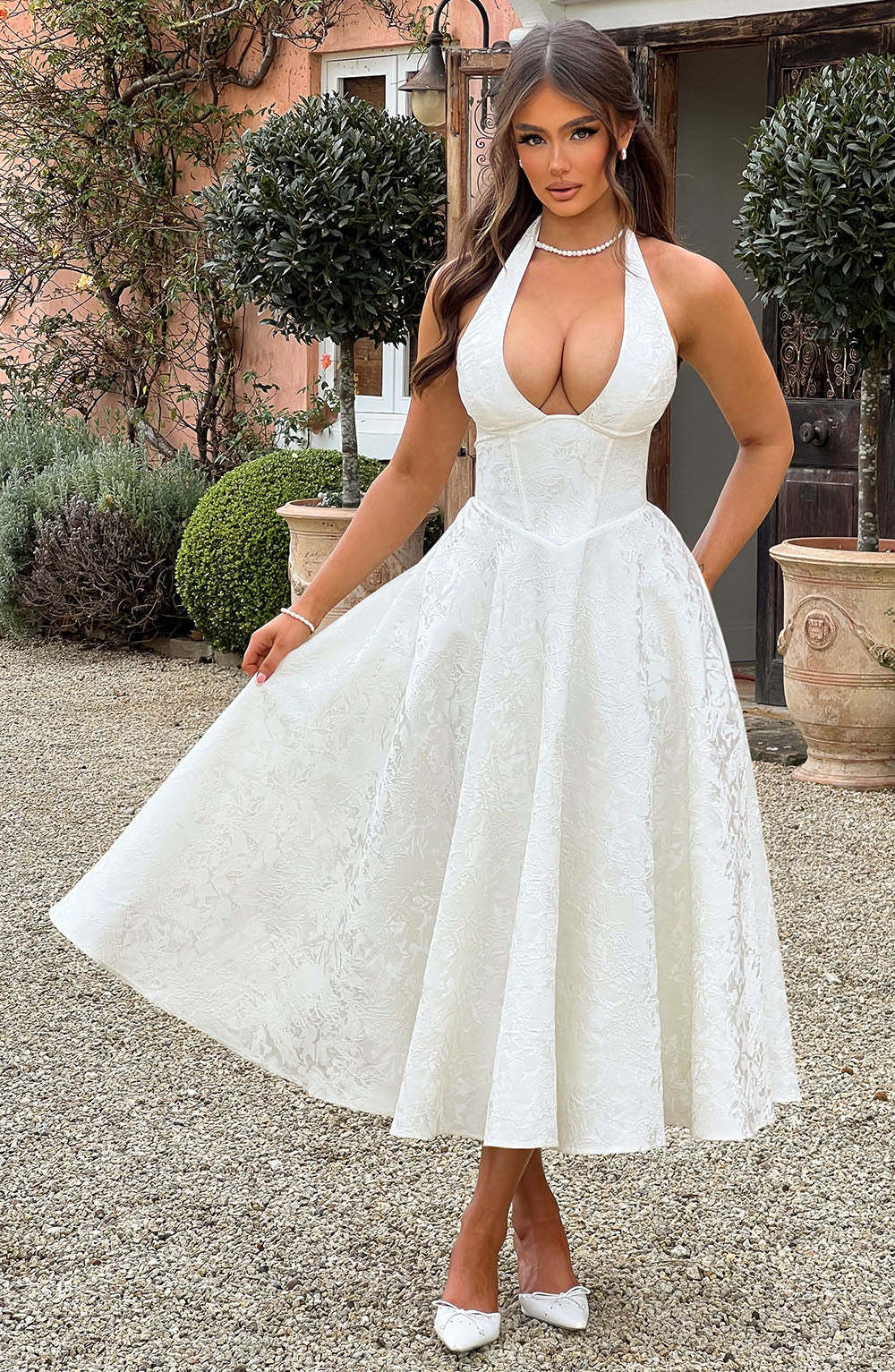 Jacquard Halter Midi Dress - Deep V Corset Waist A-Line Skirt