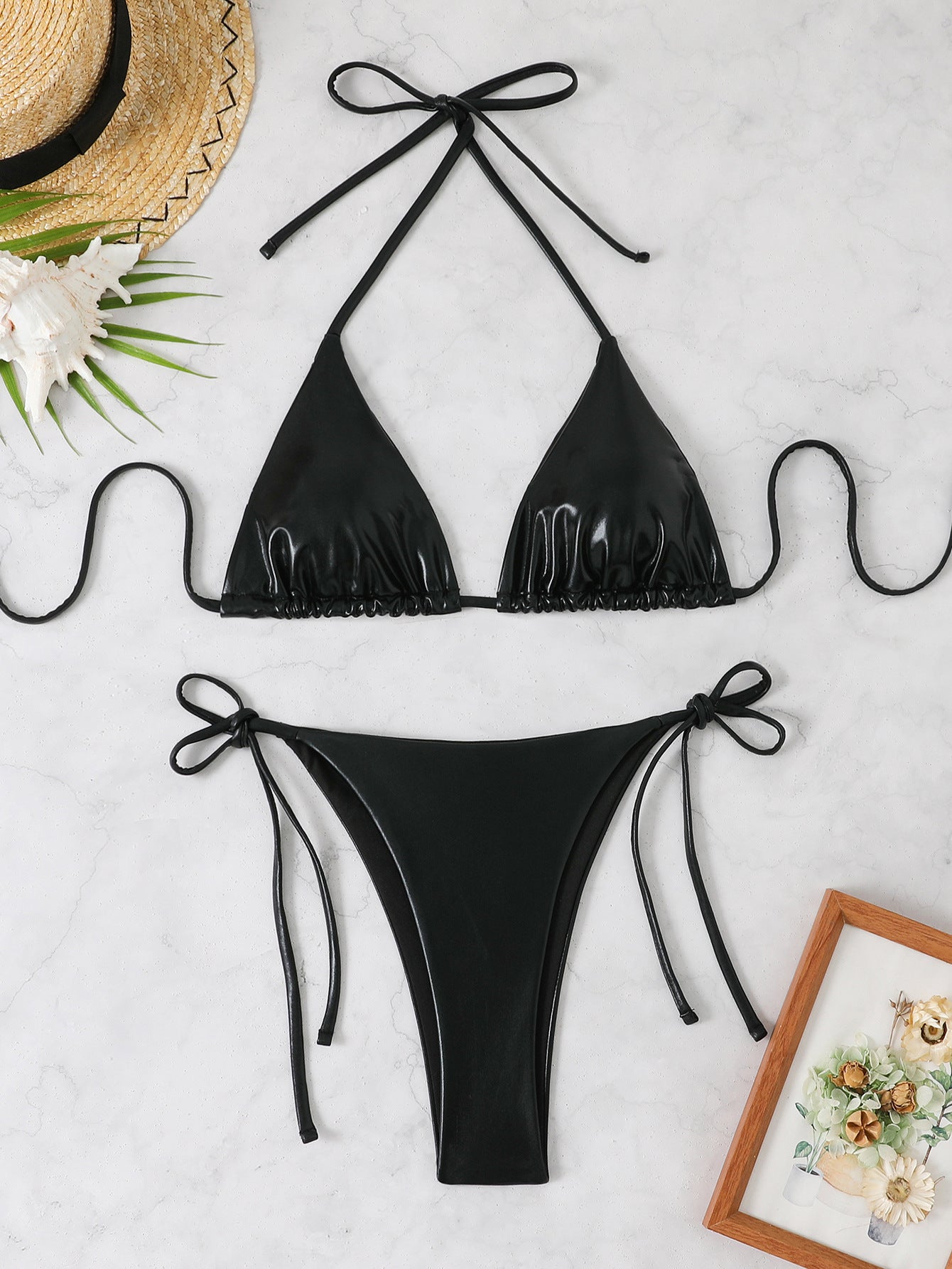 Metallic Halter Bikini Set – Shiny String Triangle Two-Piece