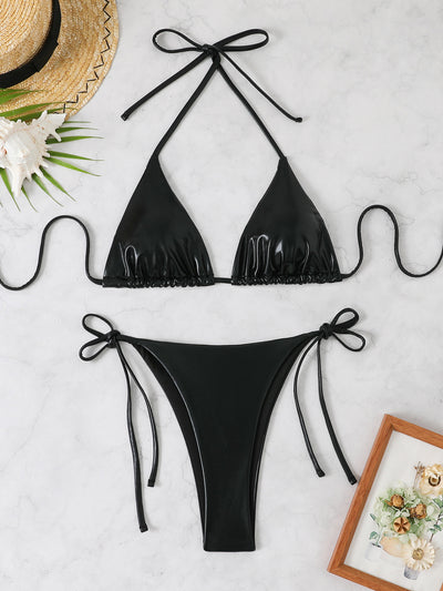 Metallic Halter Bikini Set – Shiny String Triangle Two-Piece