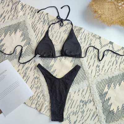 Lace Triangle Halter Bikini Set - Three Piece with Mini Skirt