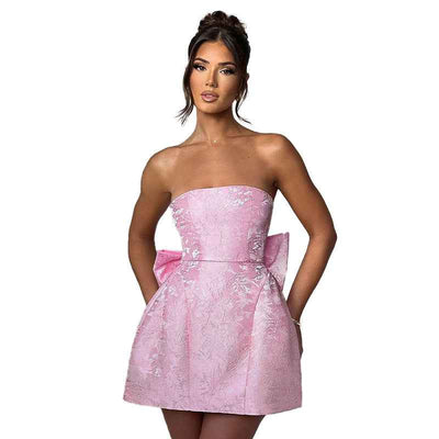 Jacquard Strapless Bow Mini Dress - A-Line Prom Gown