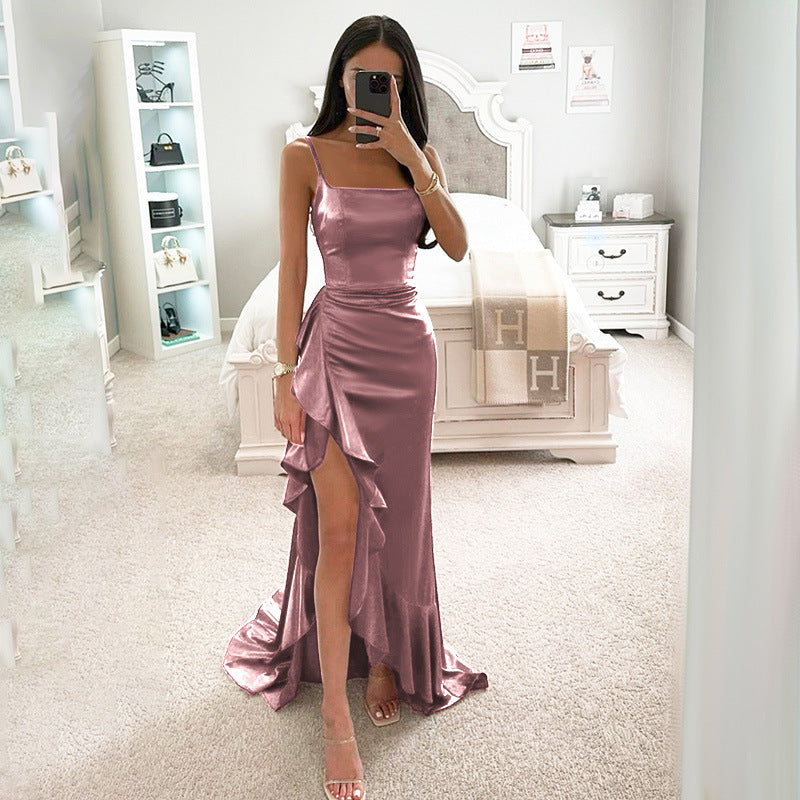 Satin Ruffle Hem Maxi Dress - Spaghetti Strap Asymmetric Slit Gown