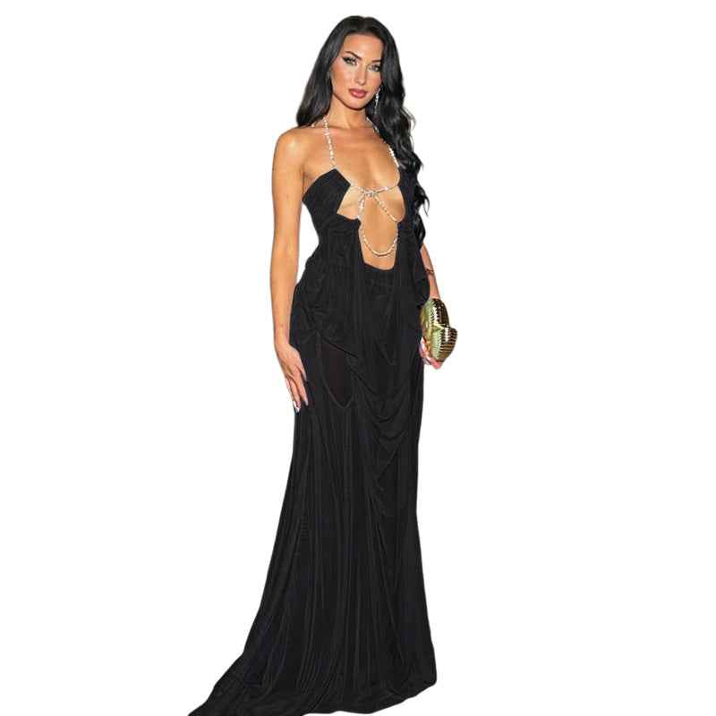 Summer New Vacation Fashion Sexy Mesh Sheer Low-Cut Halter Dress for Women