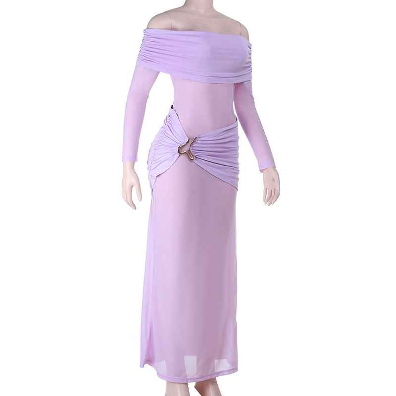 Off Shoulder Mesh Maxi Dress - Long Sleeve Bodycon Gown